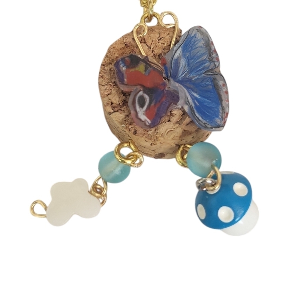 18K Gold Plated Cork Butterfly Mushroom Mother Of Pearl Butterfly Necklace